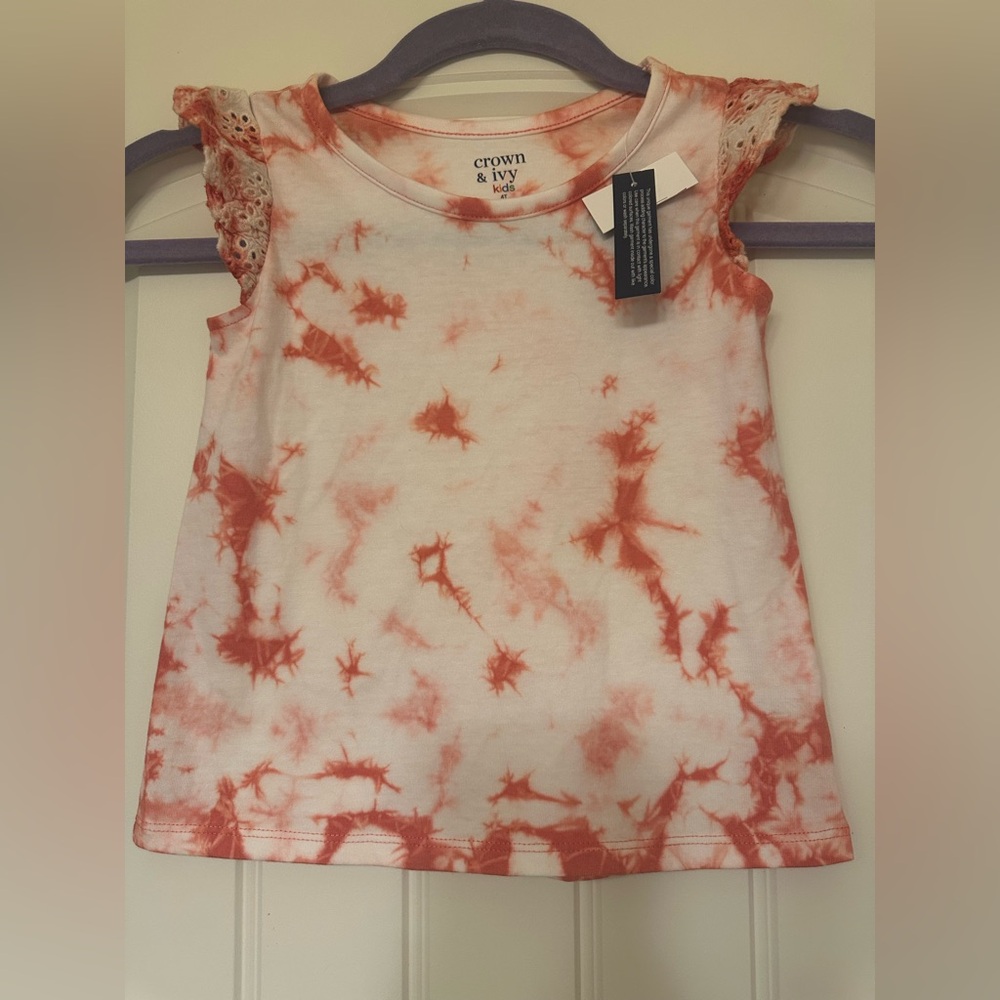 Crown & Ivy Kids Coral Tie-Dye Eyelet Lace Top 4T, NWT